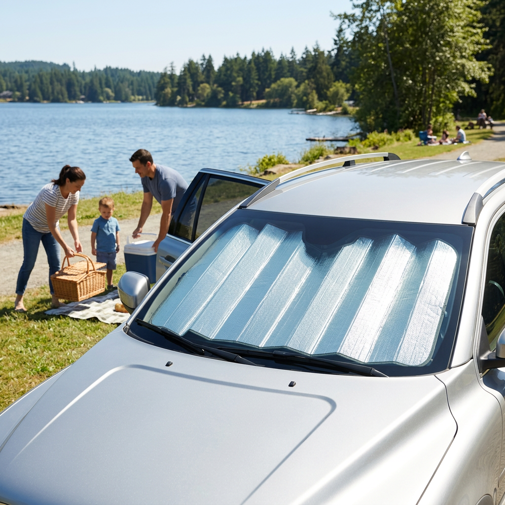 Illustrative lakeside parking scene with family outside