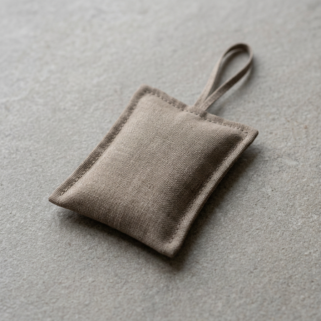 Single taupe pouch fabric stitching and loop detail