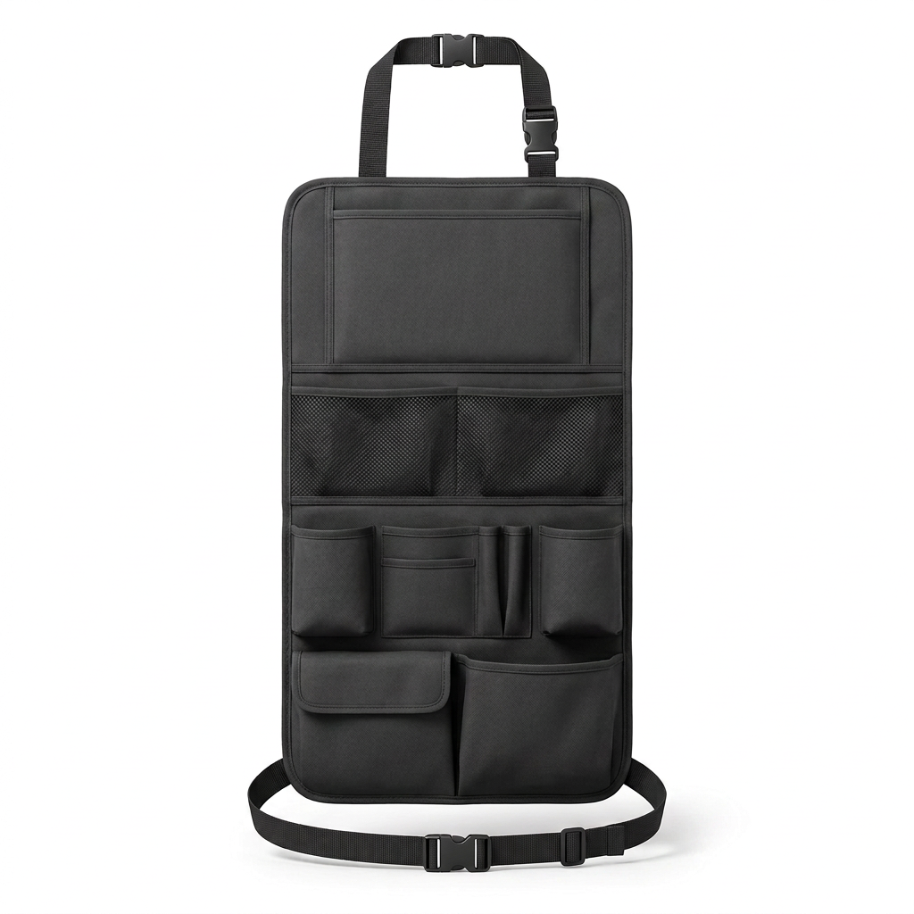 Single black car seat back organizer on white