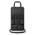 Single black car seat back organizer on white