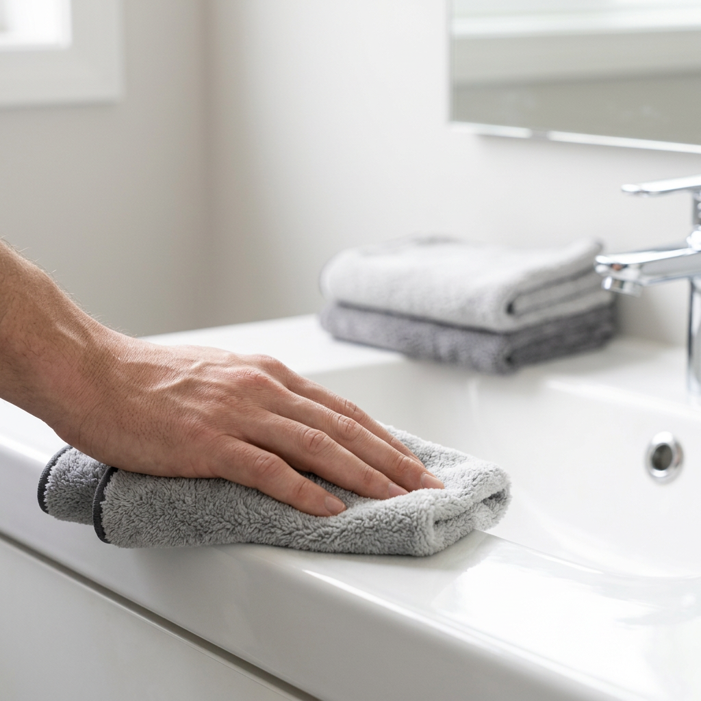Illustrative bathroom sink surround cleaning scene
