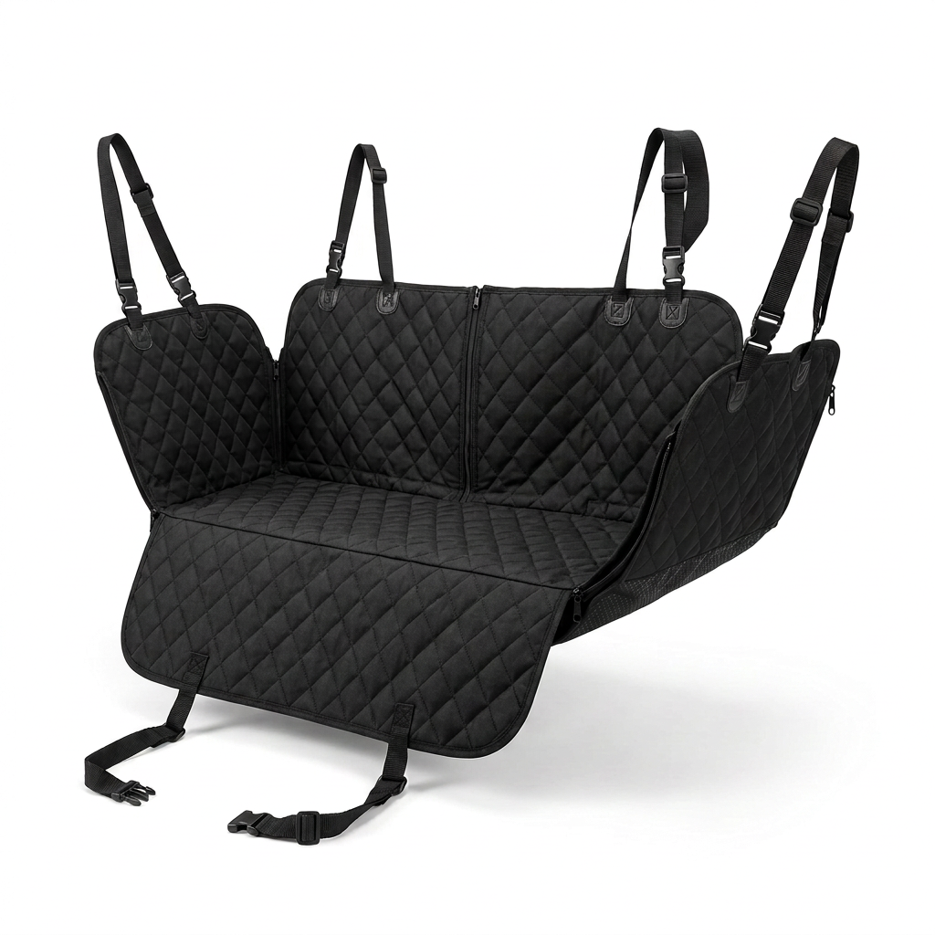 Black quilted pet car seat cover on white
