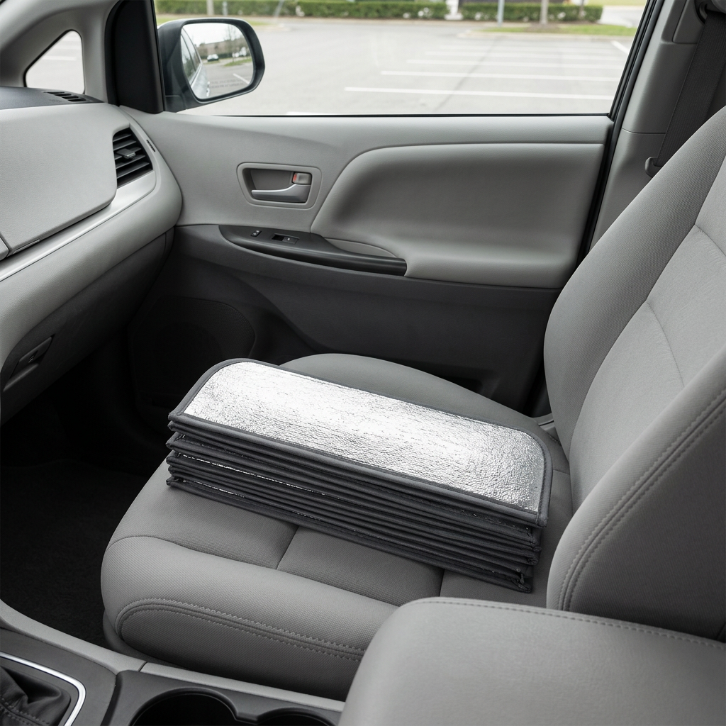 Folded shade displayed on a parked-car seat