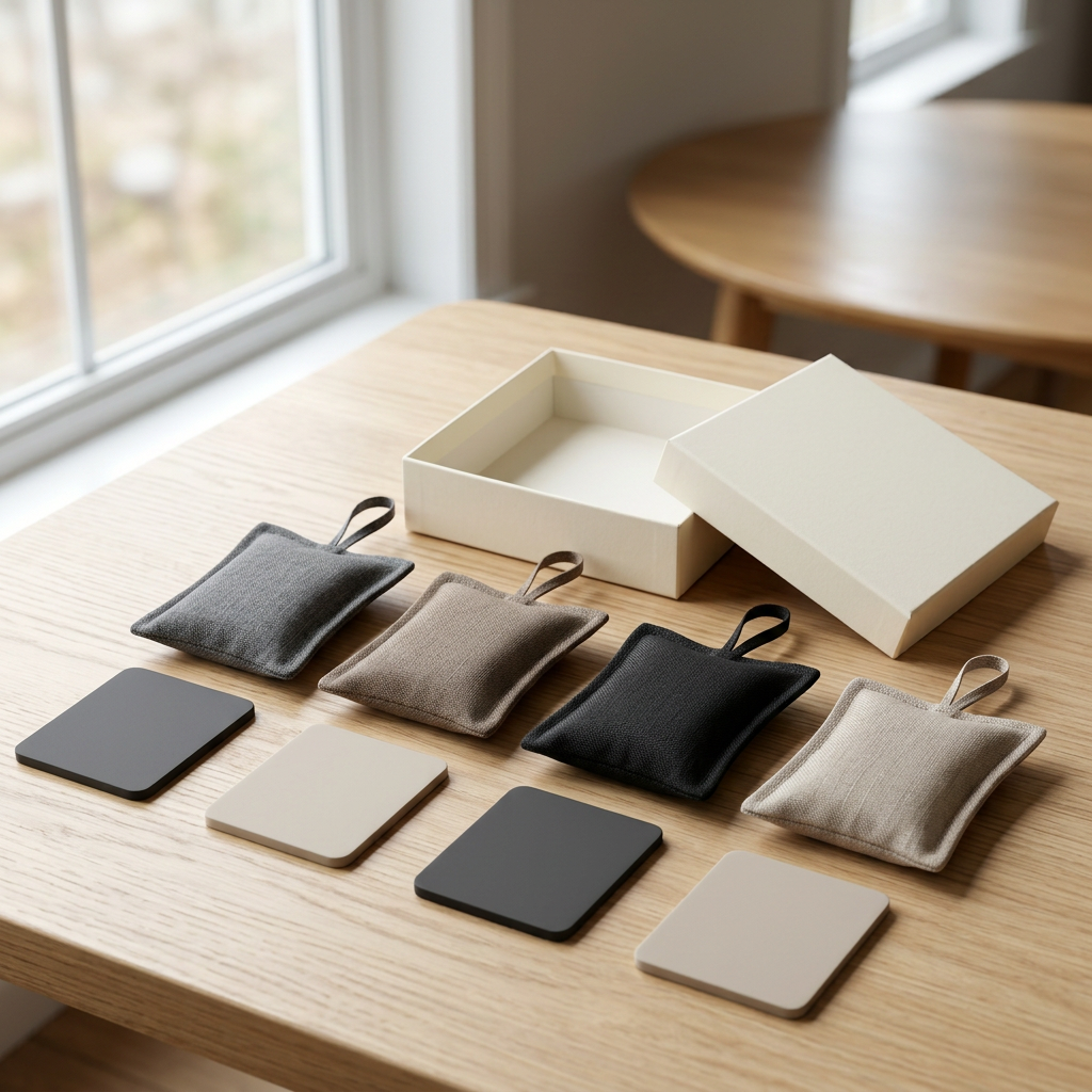Gift presentation with four pouches four inserts and open ivory box
