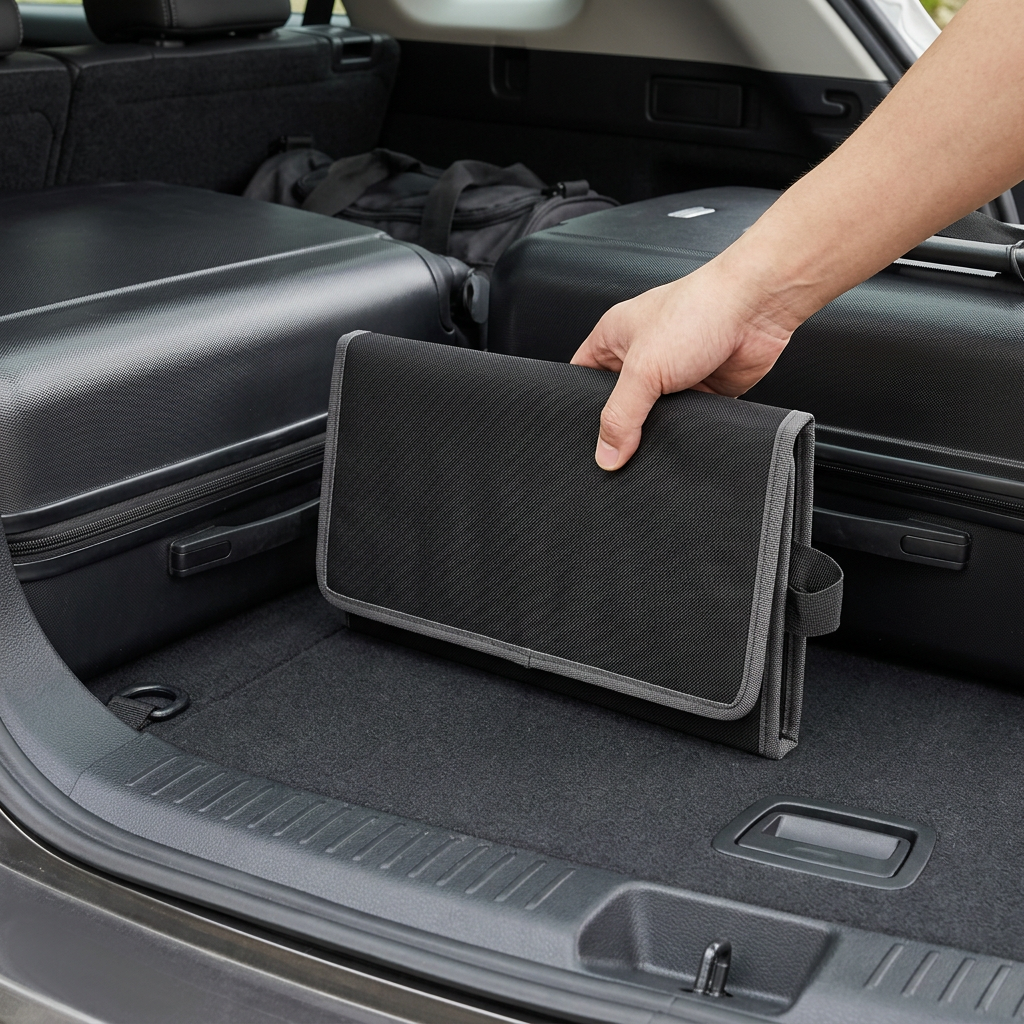 Illustrative folded organizer storage beside luggage