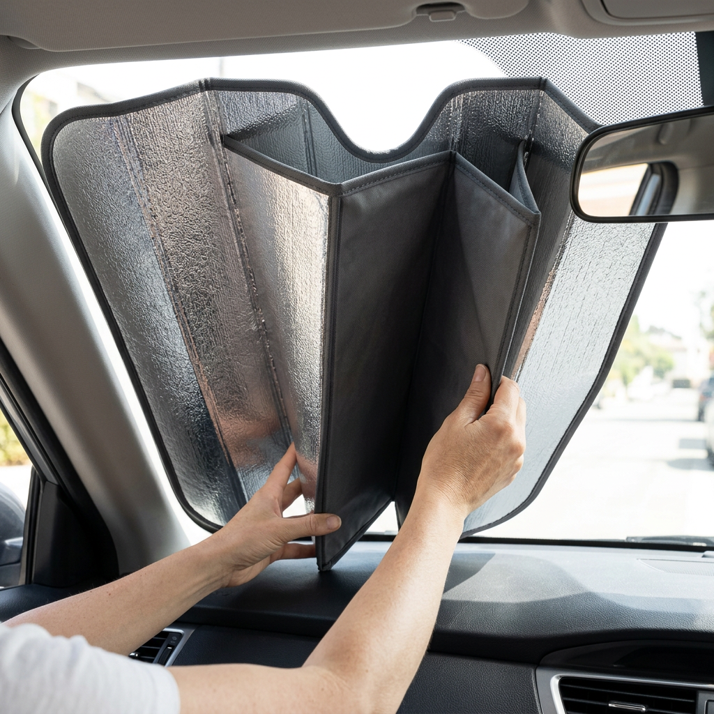 Illustrative shade positioning inside a parked car