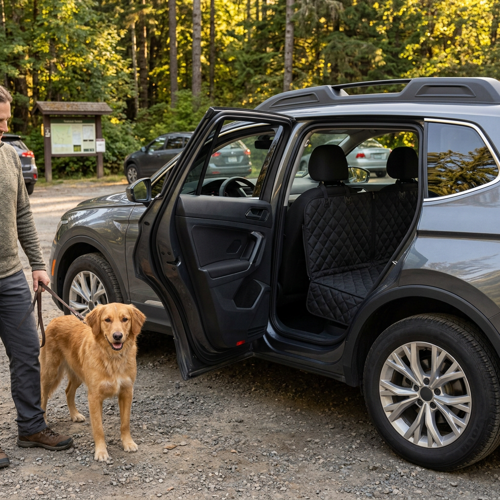 Leashed dog and owner beside parked car at trailhead