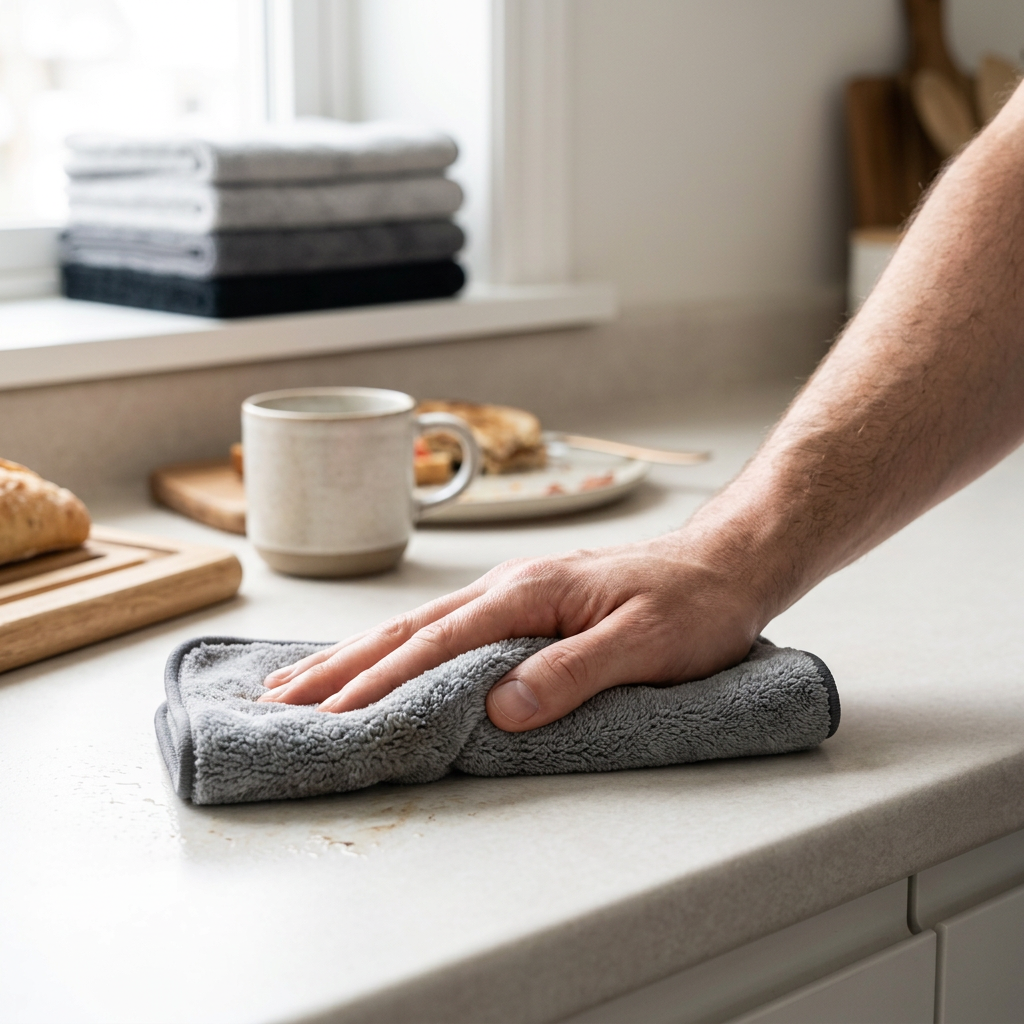 Illustrative kitchen counter cleaning scene