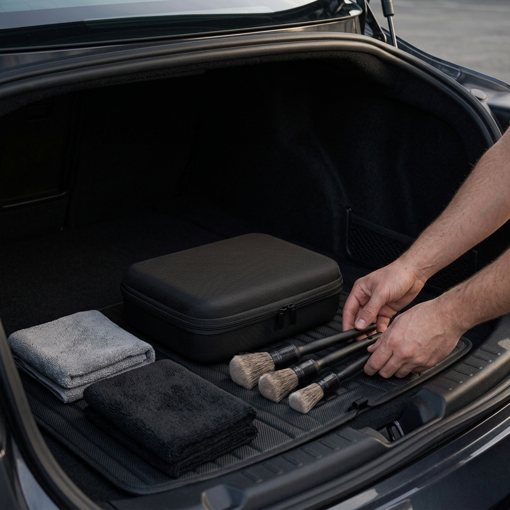 Illustrative trunk storage scene with case brushes and cloths