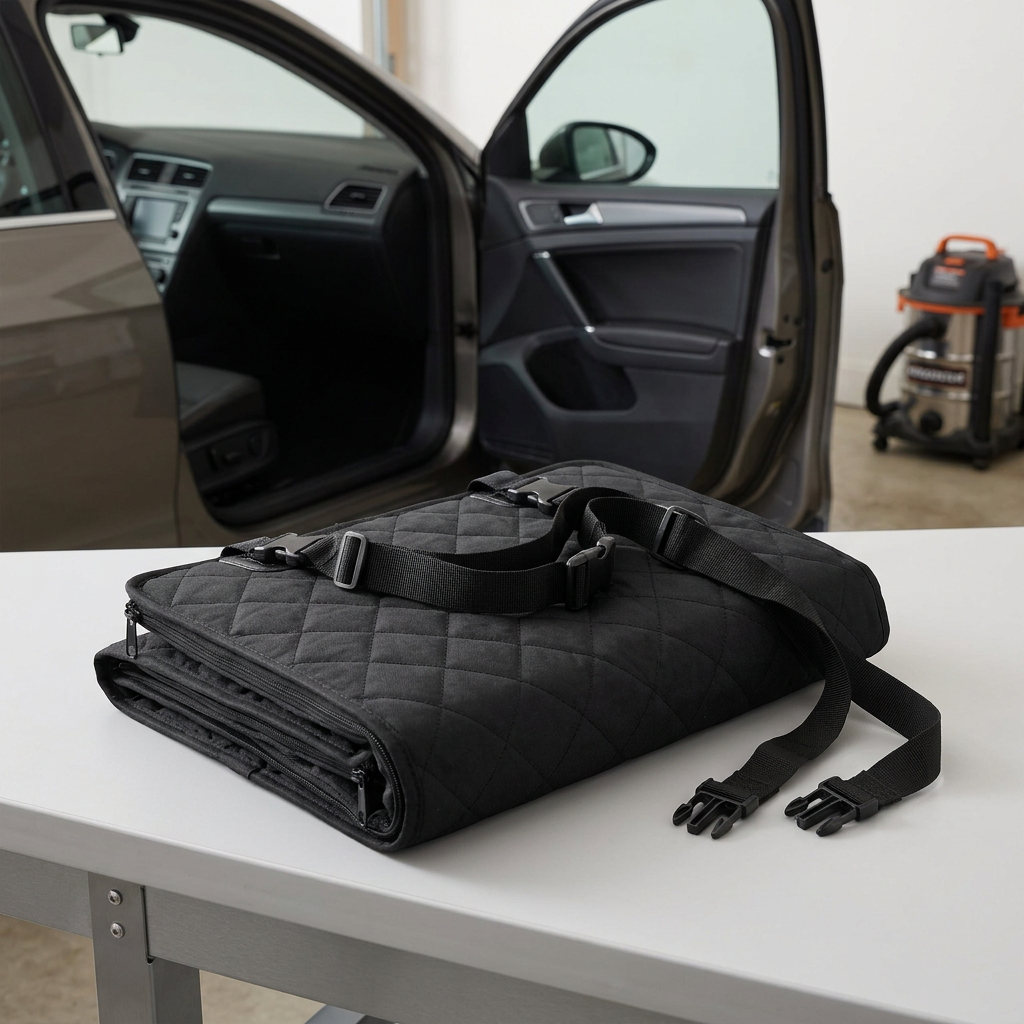 Folded quilted cover and gathered straps in garage