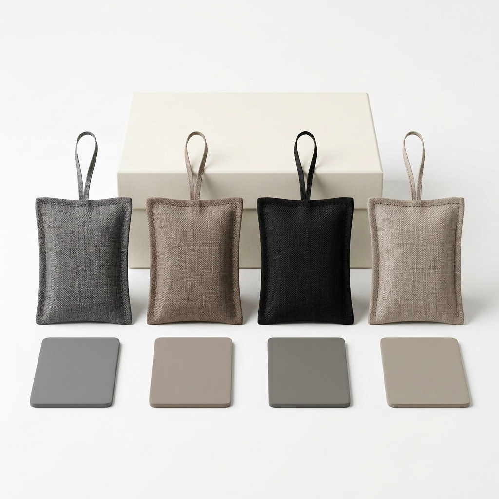 Four fragrance pouches four inserts and ivory gift box on white