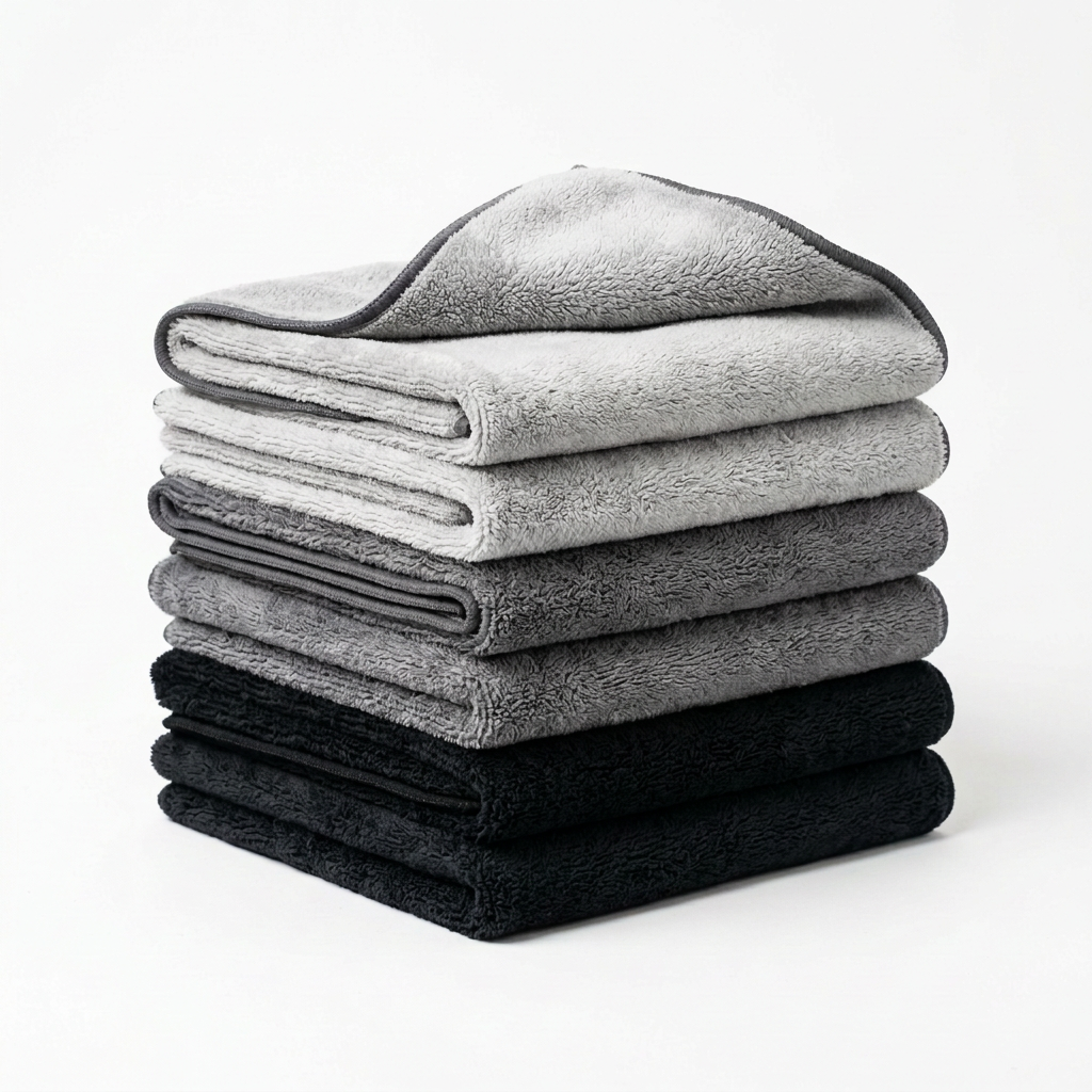 Plush cleaning cloth stack on white background