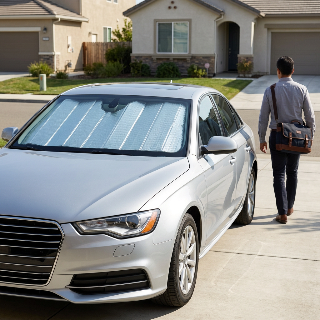 Illustrative parked-car driveway scene