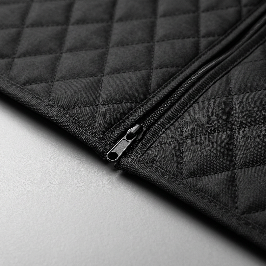 Diamond quilting bound edge and zipper detail